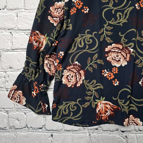 Loft Dark Ruffle Navy Blue Ruffle Accent Collar Sheer Blouse Size Medium - Picture 5 of 10